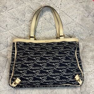 Y2K Denim Gucci Abbey Purse, White “Gucci” Logo & White Leather Handles And Trim